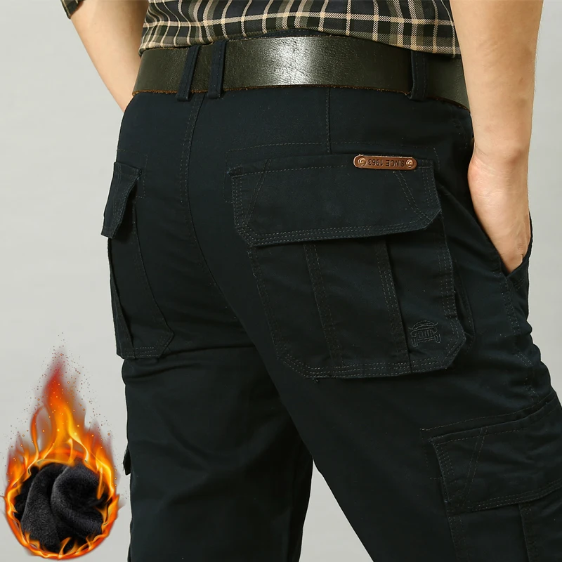 Black Fleece Зимние брюки карго мужские толстые теплые повседневные хлопковые флисовые брюки комбинезоны осенний многокарманный военный тактический прямые брюки - Цвет: Black Fleece