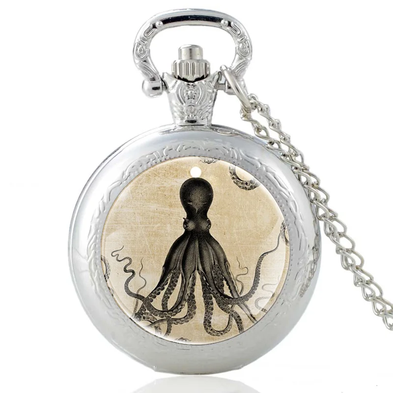 

Vintage Steampunk Octopus Design Silver Glass Dome Pocket Watch Men Women Punk Style Pendant Necklace Charm Hours Clock Gifts