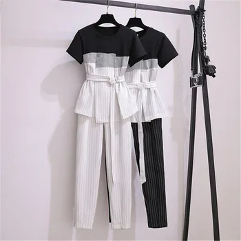 

M-4xl 2020 Summer Office Elegant Striped Two Piece Sets Women Plus Size Belted Tops + Ankle-length Pants Suits Workwear Sets