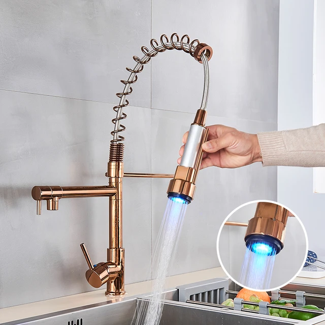 Rozin LED Light Kitchen Faucet Rose Gold LED Pull Down Spring Kitchen faucets Dual Swivel Spout Crane Hot Cold water mixer Taps 2