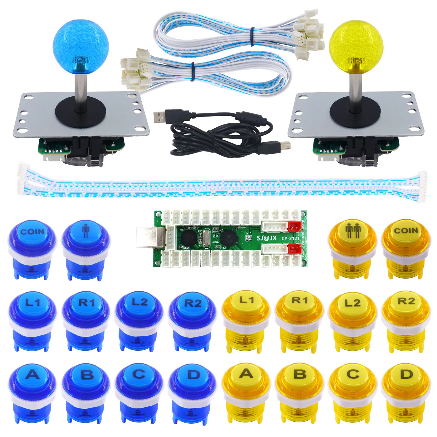 SJ@ JX 2 игрока Аркада DIY Kit светодиодный кнопки контроллера 8 джойстик, usb-датчик для ПК MAME в ретро-стиле - Цвет: blue-yellow