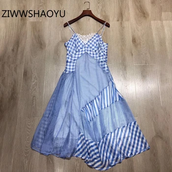 

ZIWWSHAOYU Summer Women Plaid Print Backless Knotted Strap Dress Designer V-Neck Lace Stitching Elegant Fashion Midi Dresses