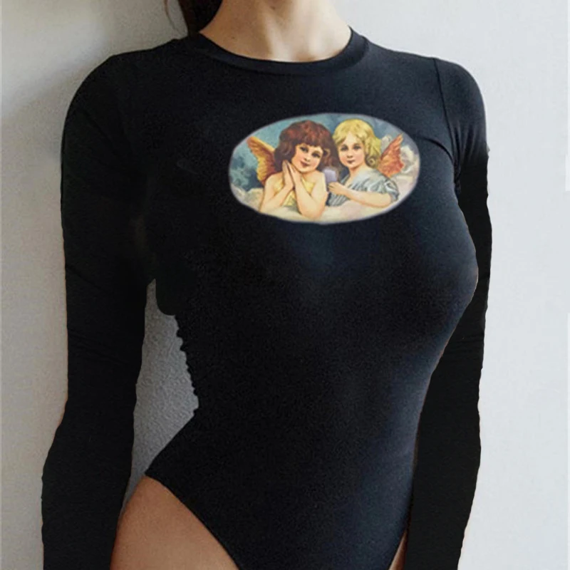 Darlingaga Cotton Cupid Angel Print Summer Bodysuit Women Fashion Short Sleeve Body Bodycon Jumpsuit Romper 2020 Cute Bodysuits