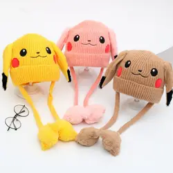 Chapeau Pikachu en coton tricoté avec oreilles mobiles pour bébé fille, chapeaux d'hiver, jouets, cadeaux de noël 