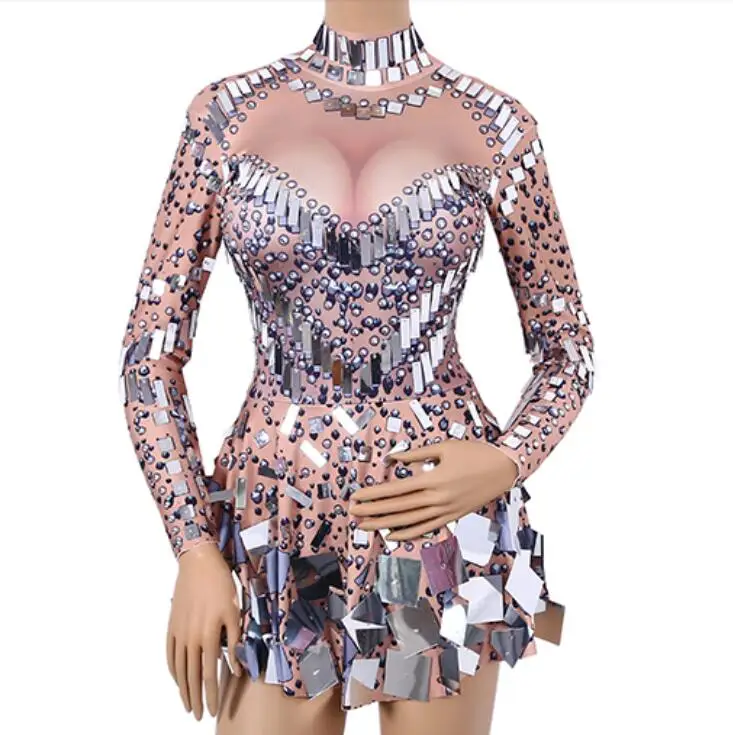 Black White Sequins Mirrors Short Dress Sexy Nightclub Crystals Costume Female Singer Dancer Stage Wear Birthday Party Outfit