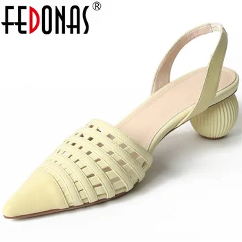 

FEDONAS Buckle Genuine Leather Pointed Toe Sandals For Women Sweet Newest Strange Heels Pumps Summer Party Wedding Shoes Woman