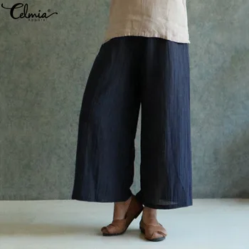 

Celmia Vintage Women Cotton Pants 2020 Fashion Elastic Waist Wide Leg Pants Solid Casual Loose Summer Long Trousers Plus Size