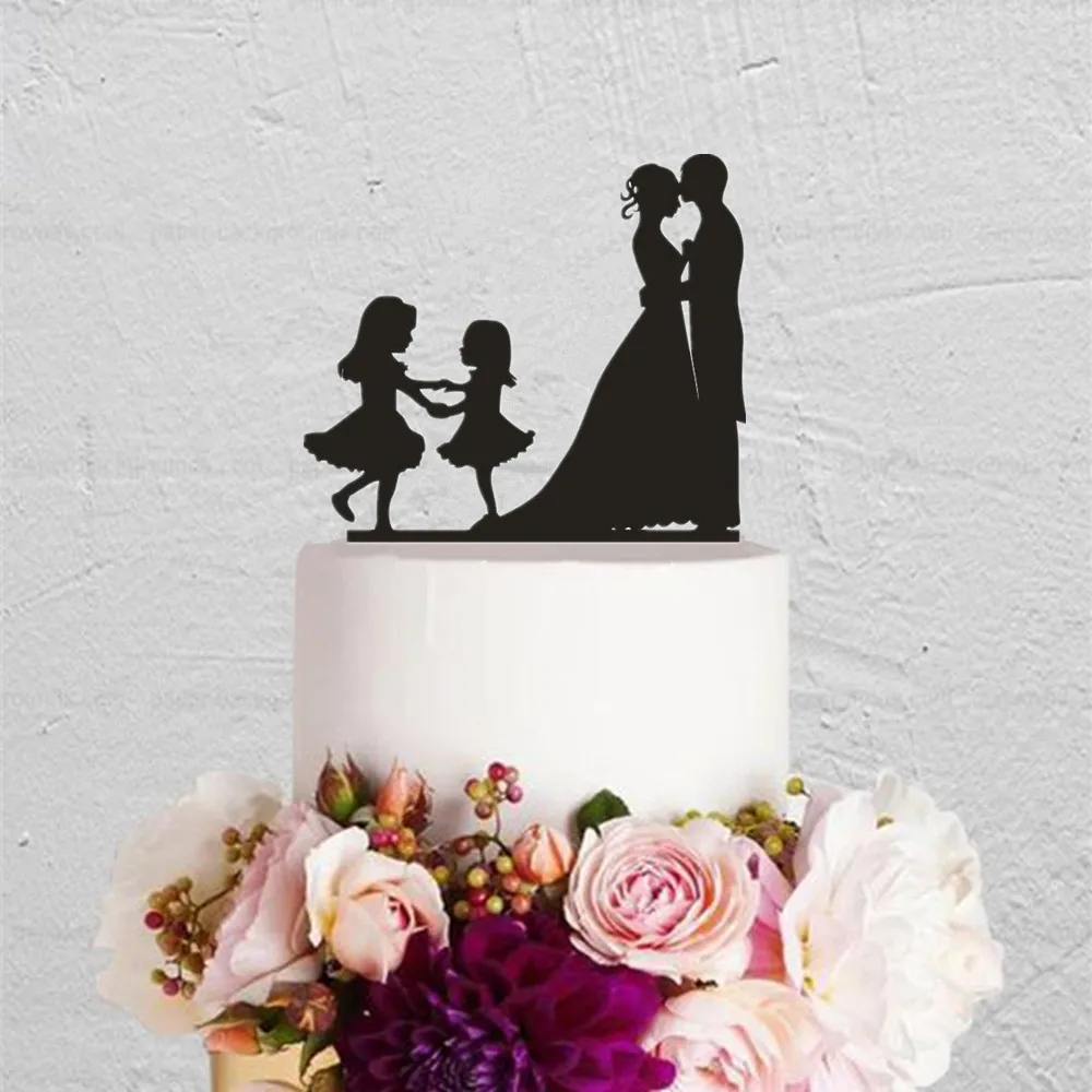 

Acrylic Wooden Couple with Two Lovely Dancing Girls Cake Topper Unique Anniversary Party Family Cake Decoration Supplies