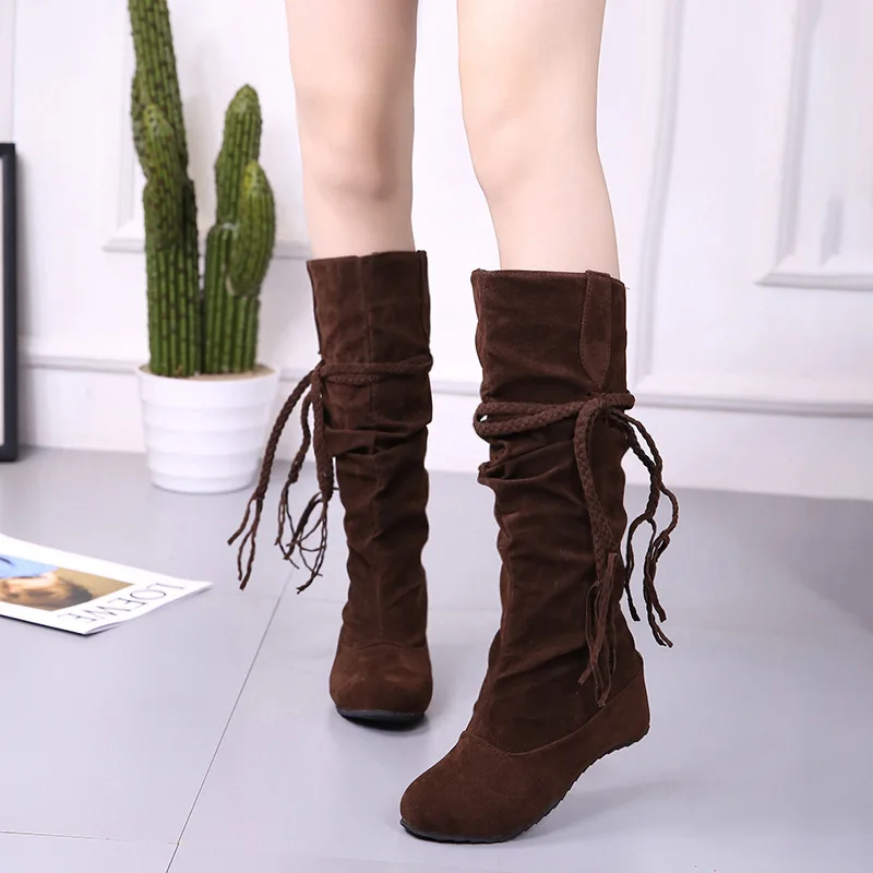 Leisure Mature Women Mid Calf Boots Solid Butterfly-knot Vintage Winter Boots Low Round Toe Flock Plus Size Shoes