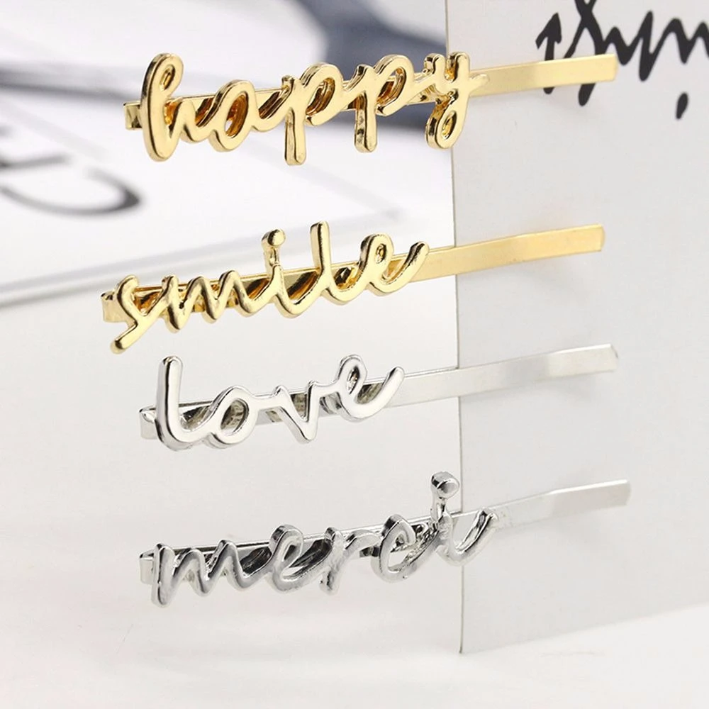 Word Letters Hairpins Smile Happy Merci Love Golden Silver Hair Clips Barrettes Hairgrips for Women Headwear Hair Accessories