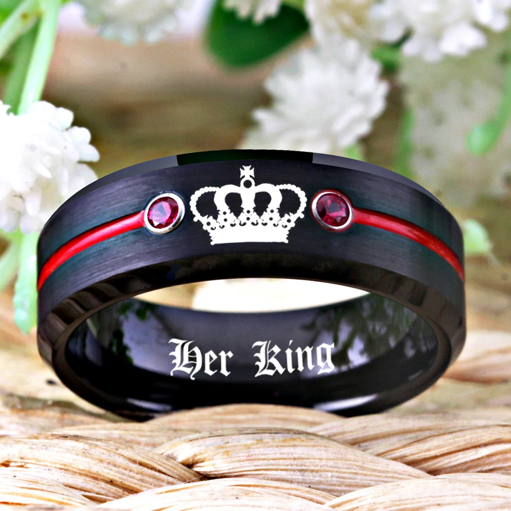 Tungsten Carbide Ring HIs Queen- Her King Ring Black Tungsten With Red CZ Women Ring for Wedding Anniversary Gift Drop Ship