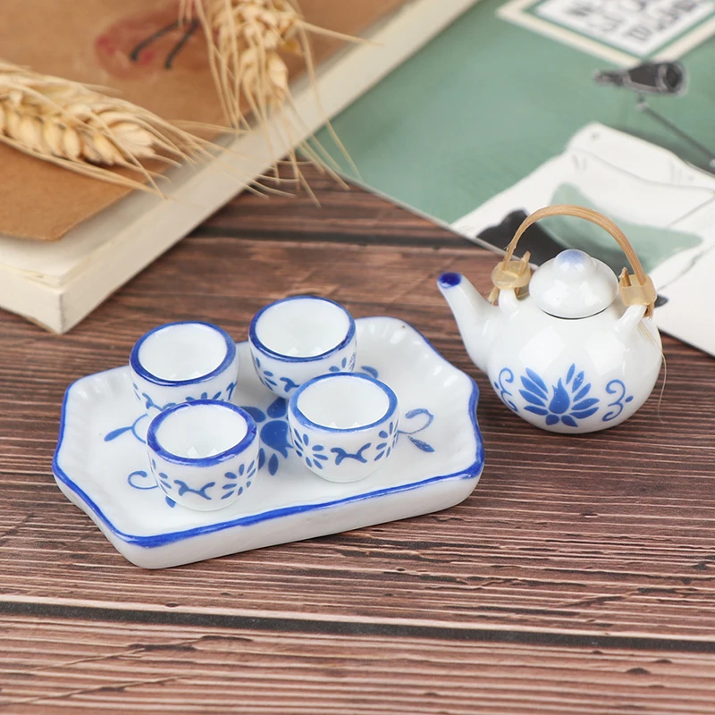 Set 4 Coffee Pot Teapot Blue Paint Dollhouse Miniatures Ceramic Supply 12930