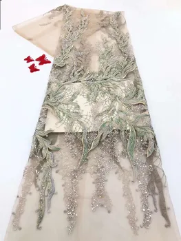 

Newest High Quality Handmade Beaded French Mesh African Lace Nigerian Fabric Suitable/ Ladies Evening Dress Wedding 5Yards AFFJF