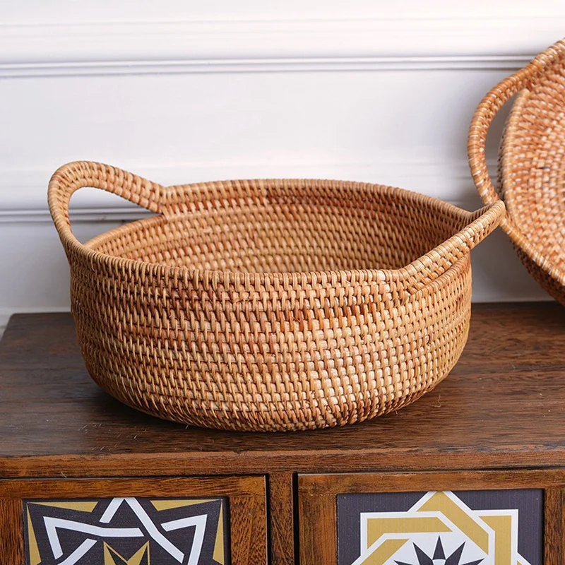 

2Pc Wicker Storage Basket Fruit Dish Rattan for Weaving Handmade for Kitchen Food Picnic Bread Sundries Decor Container Organize
