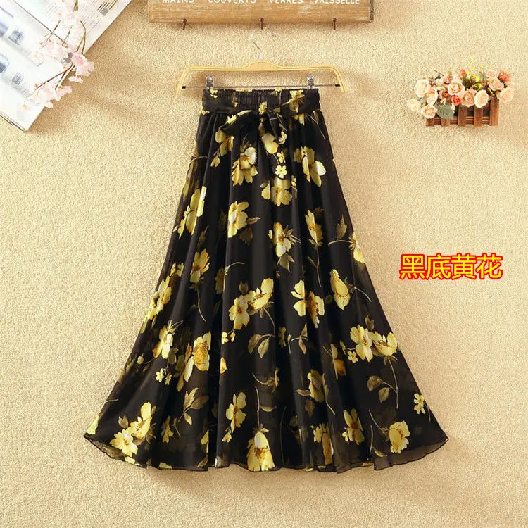 Summer Long Skirts Women Elegant Chiffon Plus Size Skirt High Waist Floral Print Streetwear Maxi Ladies Beach Skirts DV227