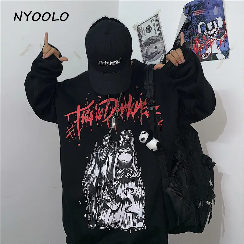 NYOOLO Harajuku horror Для замужней пары с буквенным принтом, свободные теплые толстовки, осенне-зимние пуловеры с круглым вырезом, флисовая Толстовка для женщин и мужчин