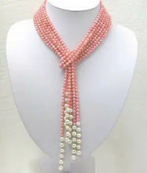 

Natural Real White Freshwater Pearl & 4mm Pink Coral Necklace 50 Inch