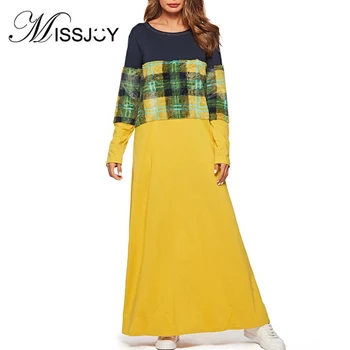 

MISSJOY 2019 New Autumn Casual Patchwork Middle Eastern Muslim Dresses Women Abaya Long Sleeves O-Neck Loose Yellow Turkish Robe