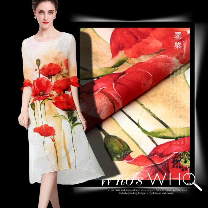 Красный мак шелковая льняная ткань платье материал одежды рубашка цветок печать ткани
