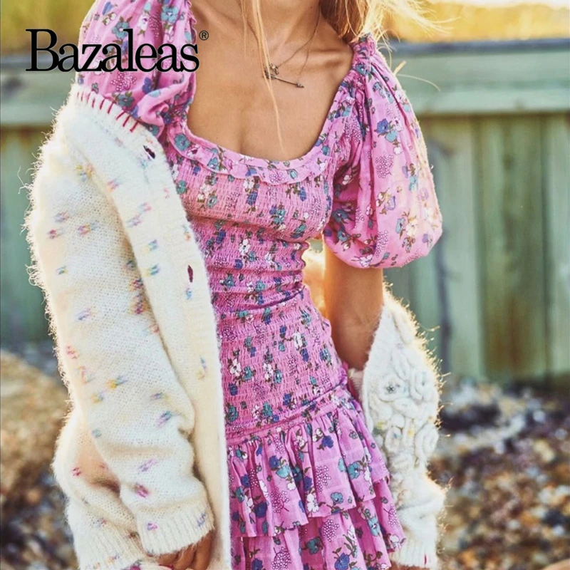 Bazaleas праздник розовый цветочный узор оборками vestidos милые эластичные тонкие платья для женщин Ретро вечернее платье Прямая поставка