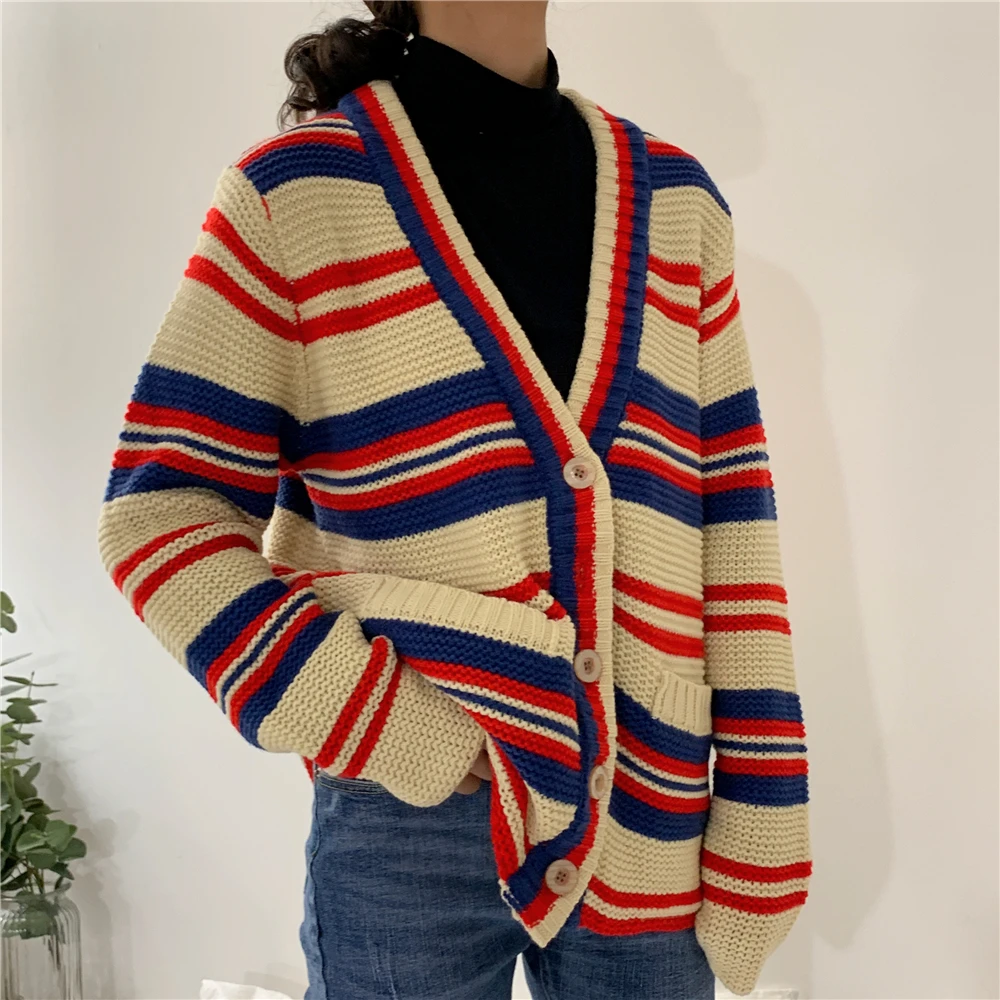 Best Price Vintage Long Striped Cardigan 2019 Fall Winter V Neck Hit Color Strip Knitted Long Cardigan Women Loose Thick Long Sweater Coat