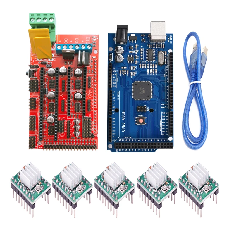 RAMPS 1,4 комплект 1 шт. Mega 2560 R3+ 1 шт. RAMPS 1,4 панель управления+ 5 шт. A4988 шаговый двигатель привод Перевозчик Reprap для 3D принтера комплект