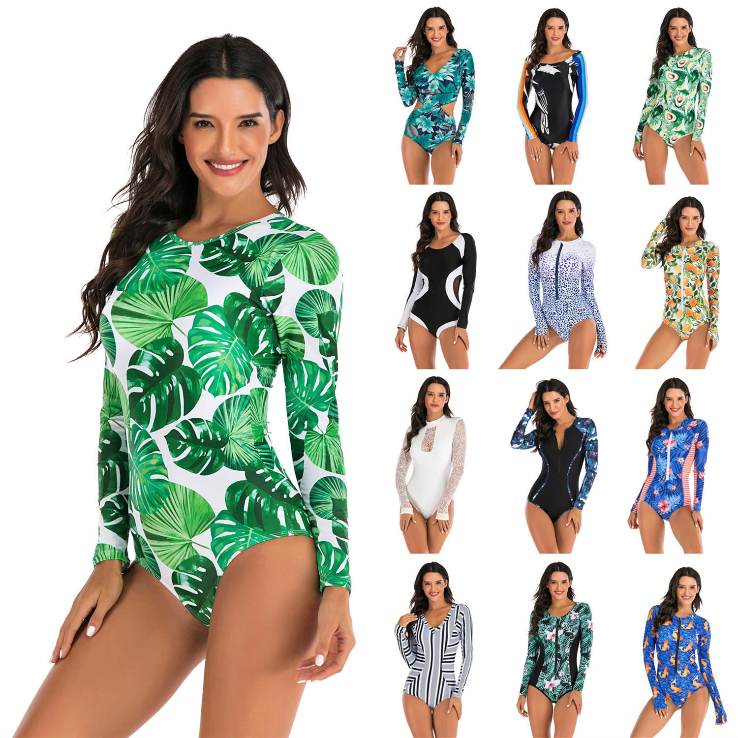 Long Sleeve Swimwear Women Print Zipper Rashguard One Piece Swimsuit 2020 Surfing Dive Bodysuit Beachwear Spa Batingsuit