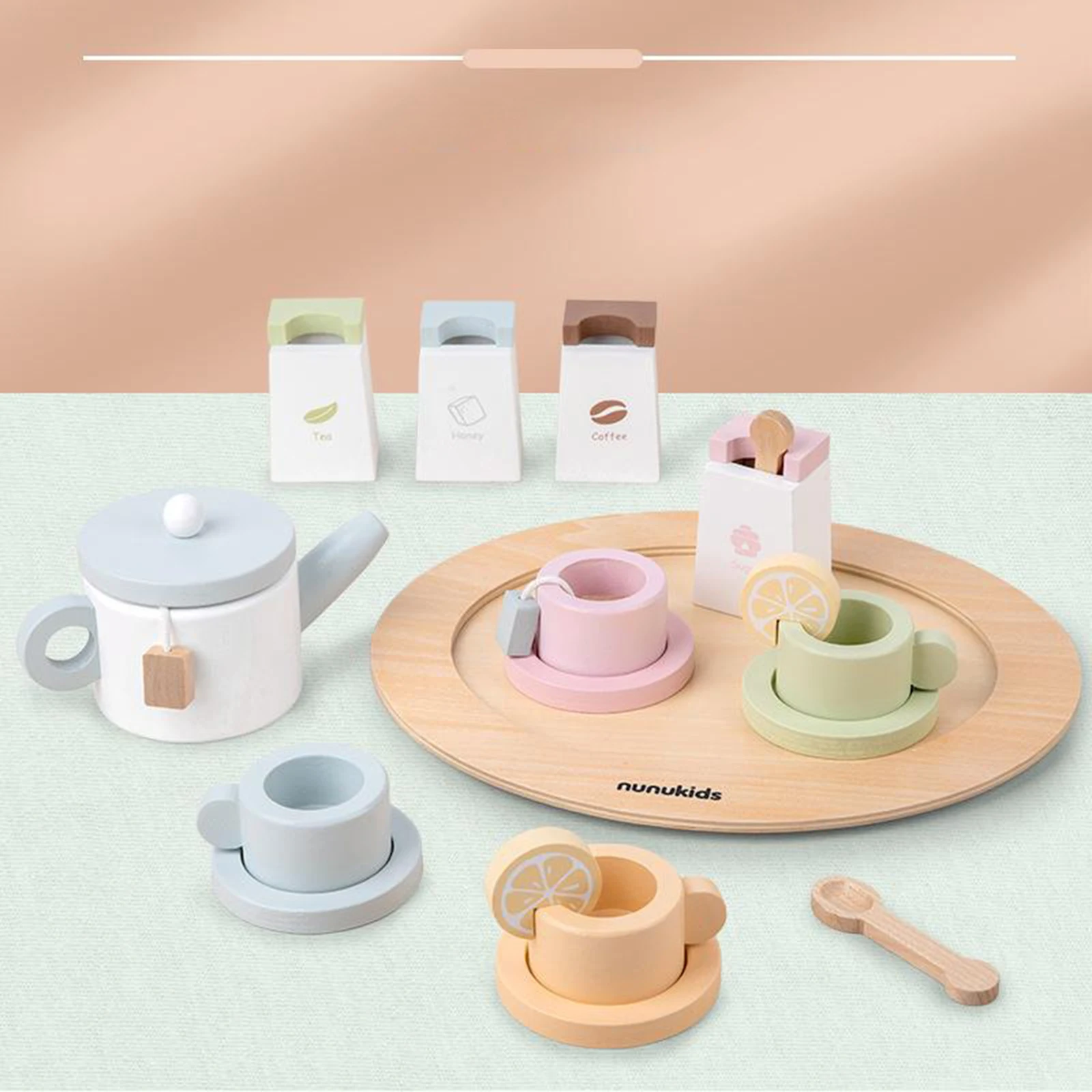 16pcs Wooden Tableware Toy Set Cup Tray Pretend Play Developmental Toy