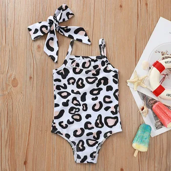 

2020 Kids Baby Girl Beachwear Summer Sling Toddler Infant Leopard Printed Bodysuit Headband Set One-piece Bathing Suit Beachwear