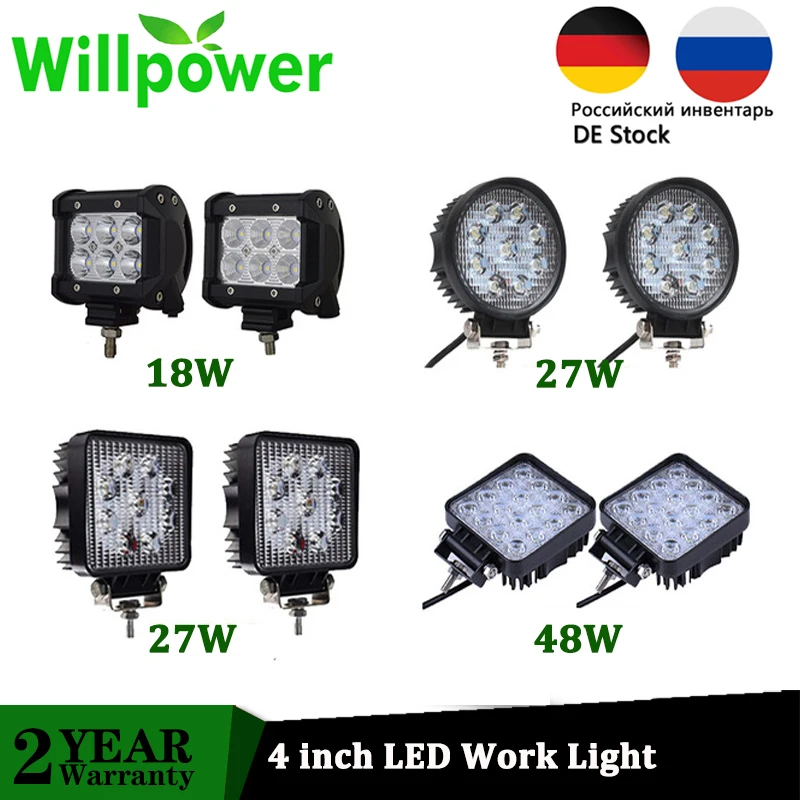 Willpower 4 inch 18W 27W 48W Offroad Car 4WD Truck Tractor Boat Trailer 4x4  SUV ATV 24V 12V Spot Flood LED Work Light 12V 24V