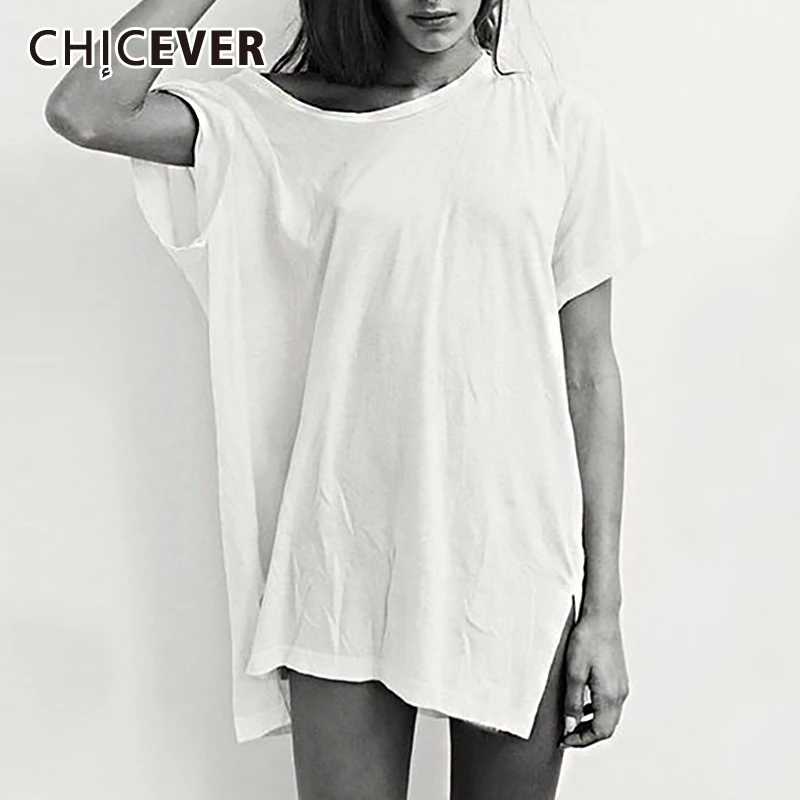 CHICEVER/Осенняя шифоновая футболка для женщин с круглым вырезом и коротким рукавом, свободная, большие размеры, асимметричная одежда, Женская модная, новая, Повседневная