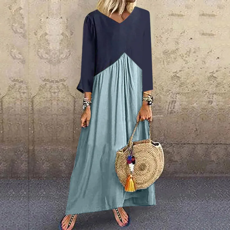 Boho Chic Plus Size Maxi Long Dress Women Casual Loose Color Block Dress Patchwork Short Sleeve Beach Summer Dresses Women