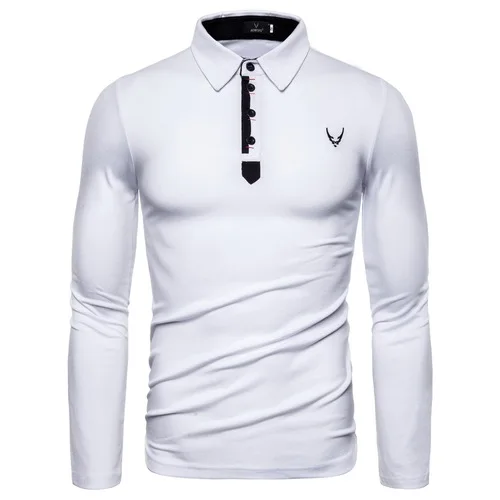 Drop Shipping New Fashion Long Sleeve T Shirt Men Casual Embroidery Slim Fit Men's Tees Solid Turn-down Collar T-Shirts Men - Цвет: white
