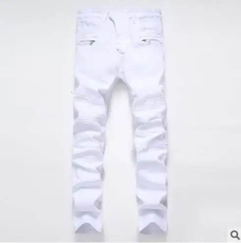Топ бренд мода мужские Slim Fit мальчики джинсы джинсовая тонкая Байкерская брюки Узкие прямые Подиумные эластичные джинсы Брюки Синий Размер 28-42 - Цвет: White