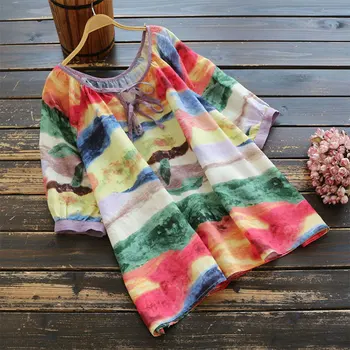

KNOYEER 2020 lady vintage casual T-shirt ramie lace-up Women's t-shirts Color printing summer BOHO T-shirt half sleeve loose top