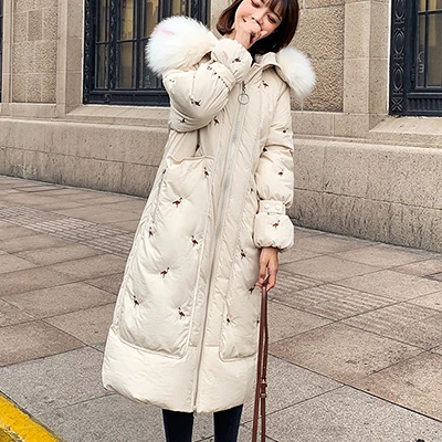 Ретро длинное пуховое пальто с вышивкой, Женское зимнее повседневное плотное женское пуховое пальто большого размера, модное корейское женское пуховое пальто на молнии - Цвет: beige