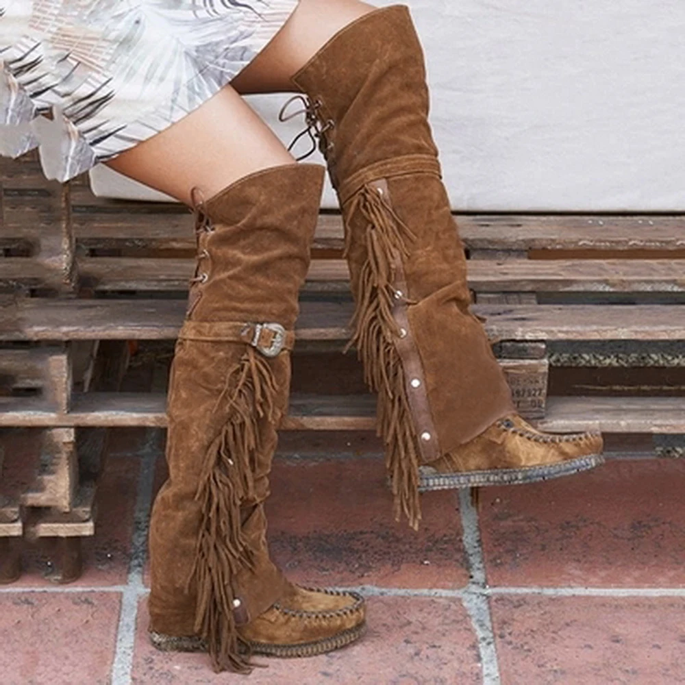 Botas planas de cuero sintético flecos y flecos para mujer a la altura la rodilla Bohemias de moda 2020|Botas sobre la rodilla| - AliExpress