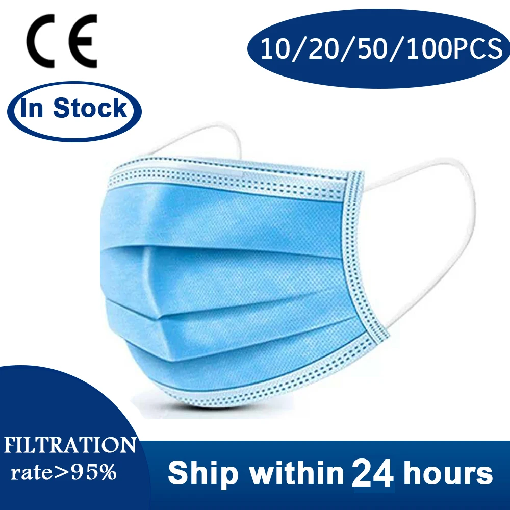 

50Pcs/lot Disposable Protective Mask 3 Layer Nonwove Ply Filter Mouth Face Mask Anti-Dust Anti-Fog Meltblown Earloop Mouth Mask