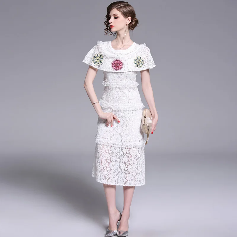 

8507-Photo Shoot 2019 Spring And Summer New Style Crew Neck Lace Embroidery Cloak Goddess Elegant Long Skirts Dress