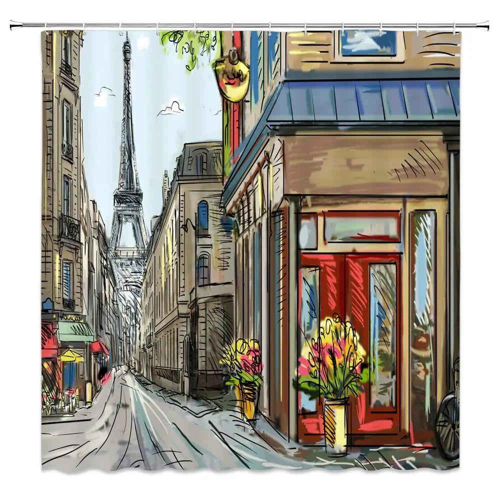 

Eiffel Tower Shower Curtain Decor France Paris Street Store Bathroom Curtain 70 x 70 Inches Polyester Fabric Machine Washable