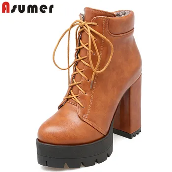 

ASUMER 2020 new fashion high heel platform boots ladies autumn winter party dress shoes zip lace up round toe ankle boots women