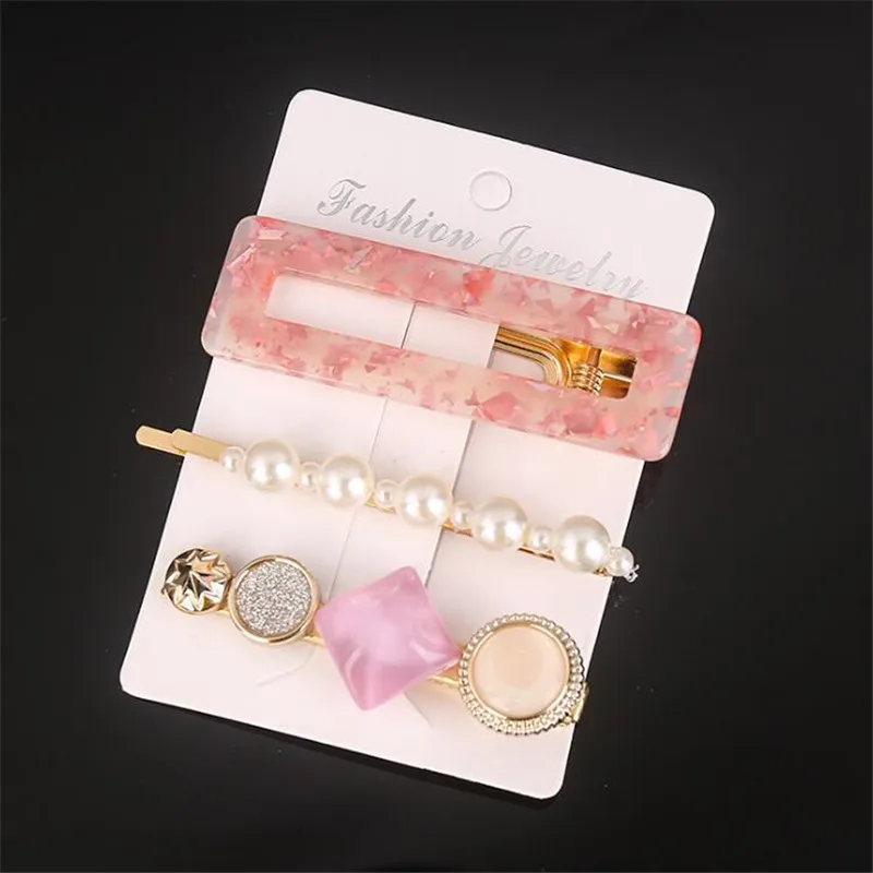 New 3PCS/Set Fashion Pearls Acetate Geometric Hair Clips For Women Girls Headband Sweet Hairpins Barrettes Hair Accessories Set - Цвет: 1