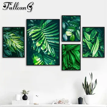 

FULLCANG Green Plants Palm Monstera Big Leaf diamond painting full square drill 5d diamond embroidery living room decor FC2177