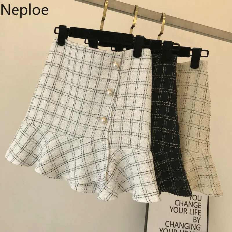 Neploe/осенне-зимняя элегантная юбка с оборками Jupe Femme, облегающая юбка-годе для женщин, небольшой аромат, высокая талия, плед, Faldas Mujer 46545
