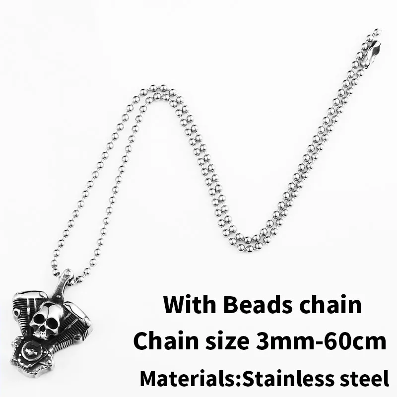 pendant with bead Стальной солдат панк череп мотоциклы двигатель кулон из нержавеющей стали Рок Байкер готический крест мужской кулон - Окраска металла: pendant with bead