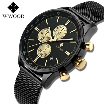 

WWOOR Fashion Quartz Men Watch Black Mesh Strap Watch for Men Reloj Hombre Complete Calendar Male Clock Reloj Masculino Gift