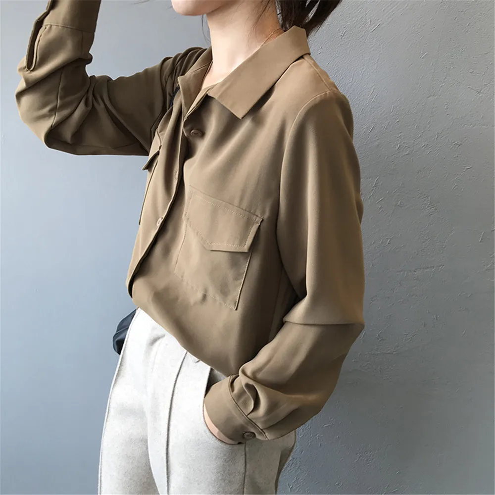 Autumn Solid Women Blouse 2019 Casual Lapel Double Pockets Blouse Shirt Flannel Shirts Female Long Sleeve Tops Y0576 (5)