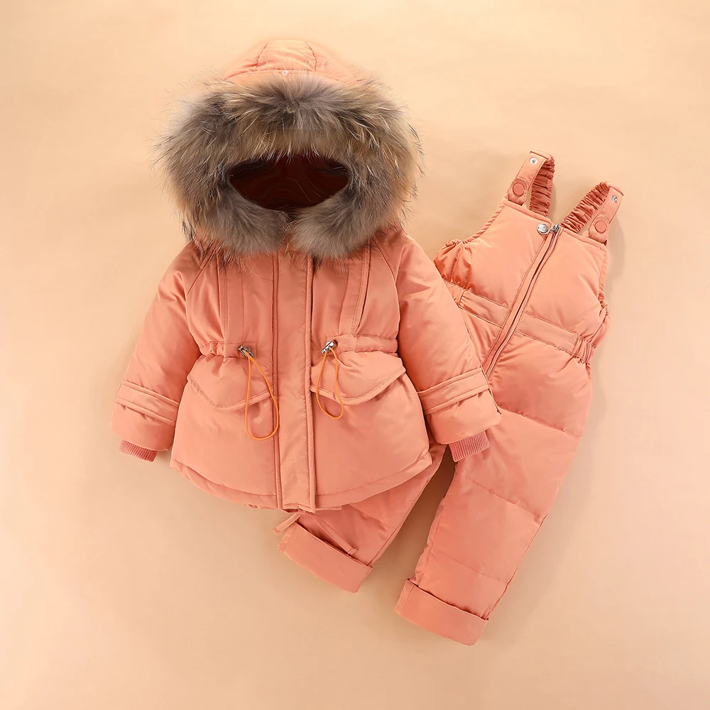 Комплекты детской зимней одежды пуховая куртка комплект из 2 предметов: пальто с капюшоном+ комбинезон теплые парки для маленьких мальчиков и девочек, верхняя одежда для малышей Настоящий мех
