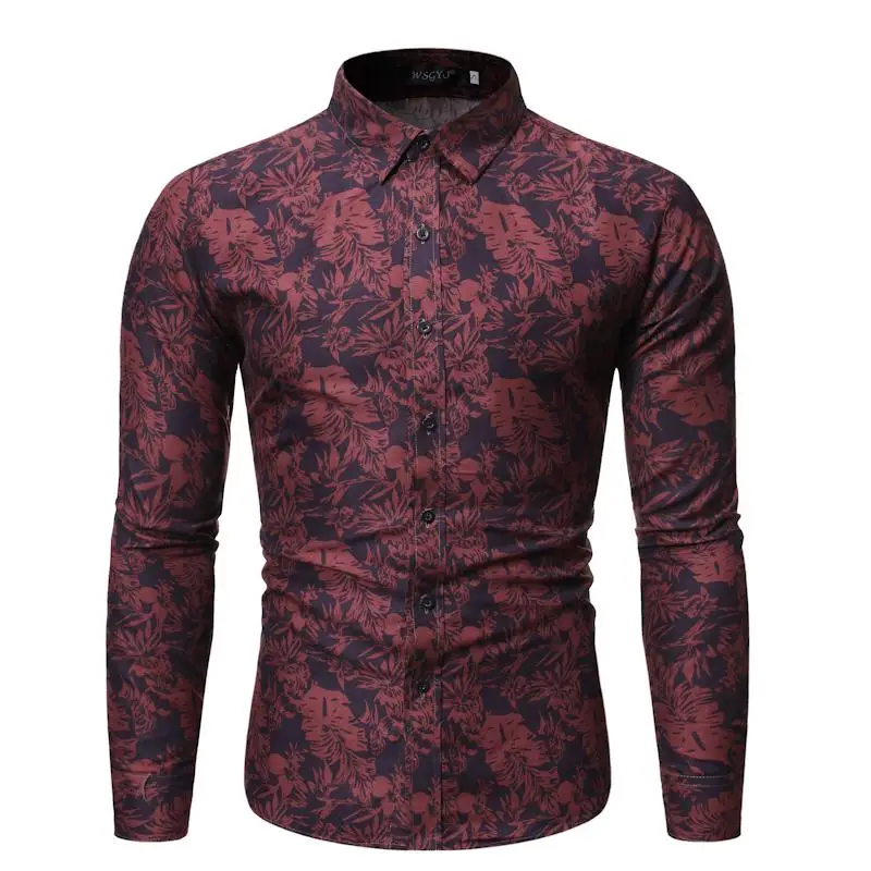 Autumn New Men's Floral Shirt Chinese Vintage Flower Printed Long Sleeve Shirt Male Slim Print Cotton Shirt plus size