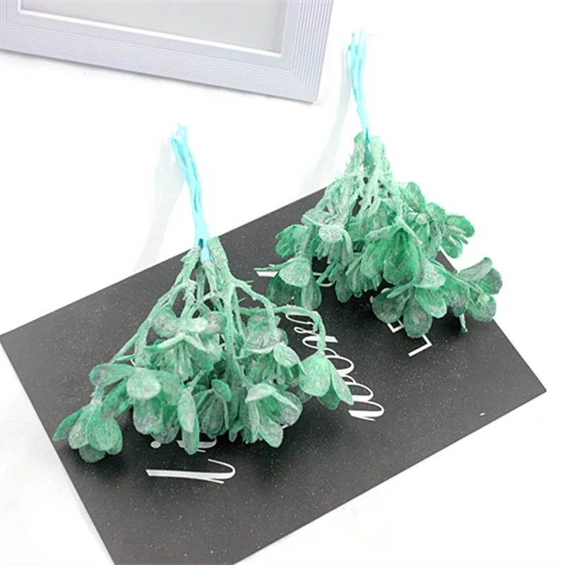 6pcs artificial flower fake plant meat flocking hoarfrost green leaf handmade diy wreath Christmas decoration flower - Цвет: green